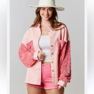 CHICME Womens Denim Sequin Patchwork Long Sleeve Shacket Sz 2XL (18/20)